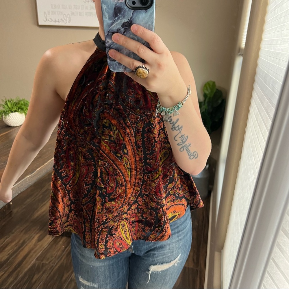 FP Velvet Burnout Paisley Red Orange Yellow black neck tie sleeveless XS